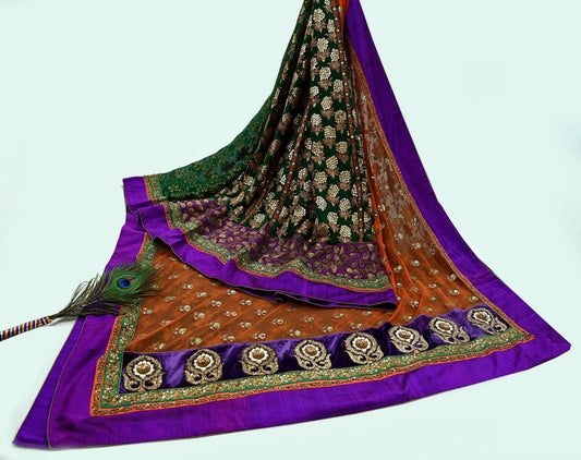 Indian Pre-Owned Sari Orange & Purple Net/Mesh Hand Embroidered Designer Sabyasachi Lehenga Sarees Ethnic Zardozi/Dabka Zari Wedding Sarees