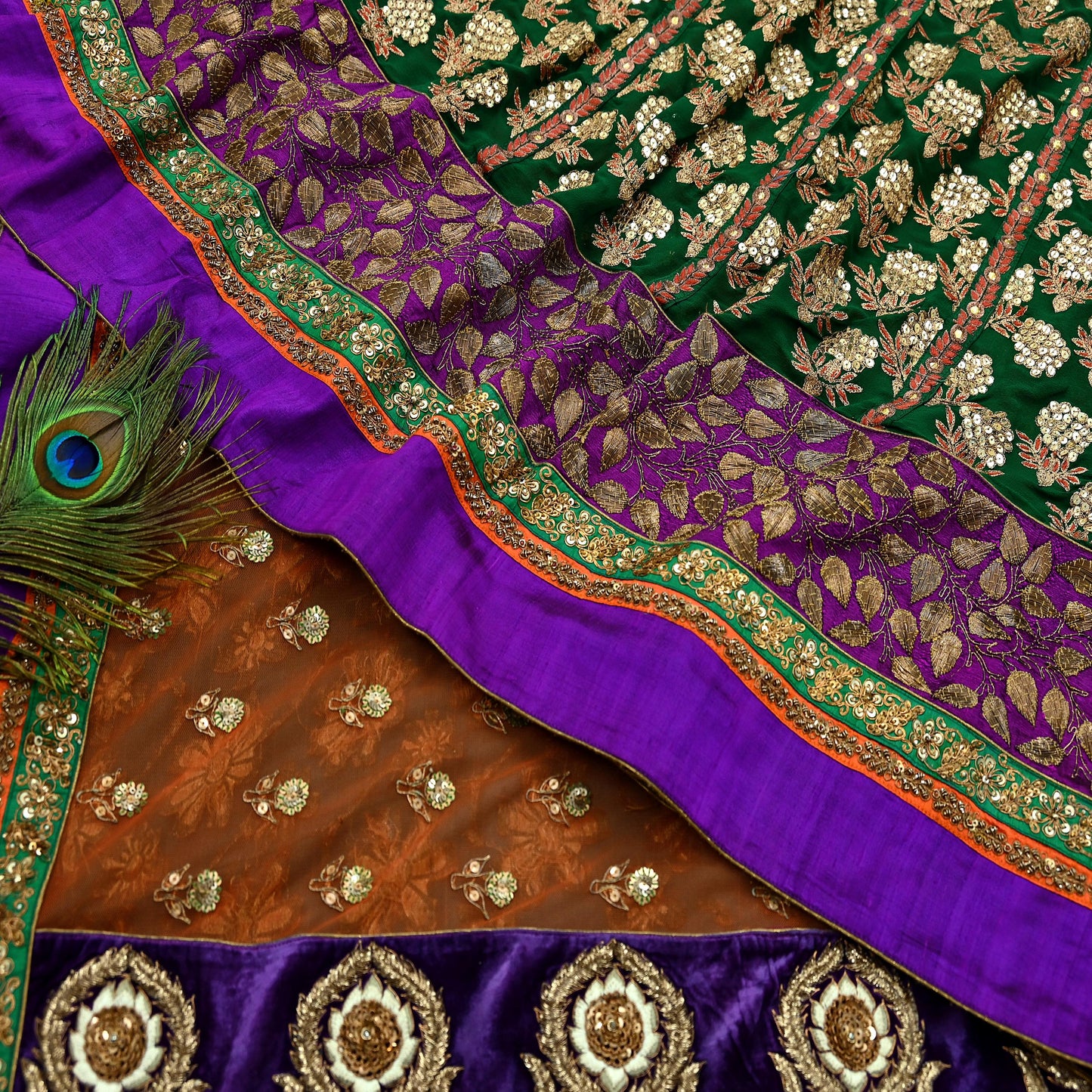 Indian Pre-Owned Sari Orange & Purple Net/Mesh Hand Embroidered Designer Sabyasachi Lehenga Sarees Ethnic Zardozi/Dabka Zari Wedding Sarees