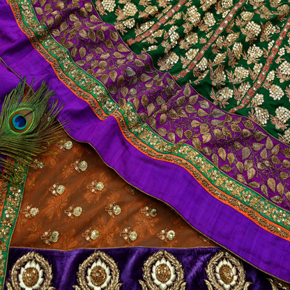 Indian Pre-Owned Sari Orange & Purple Net/Mesh Hand Embroidered Designer Sabyasachi Lehenga Sarees Ethnic Zardozi/Dabka Zari Wedding Sarees