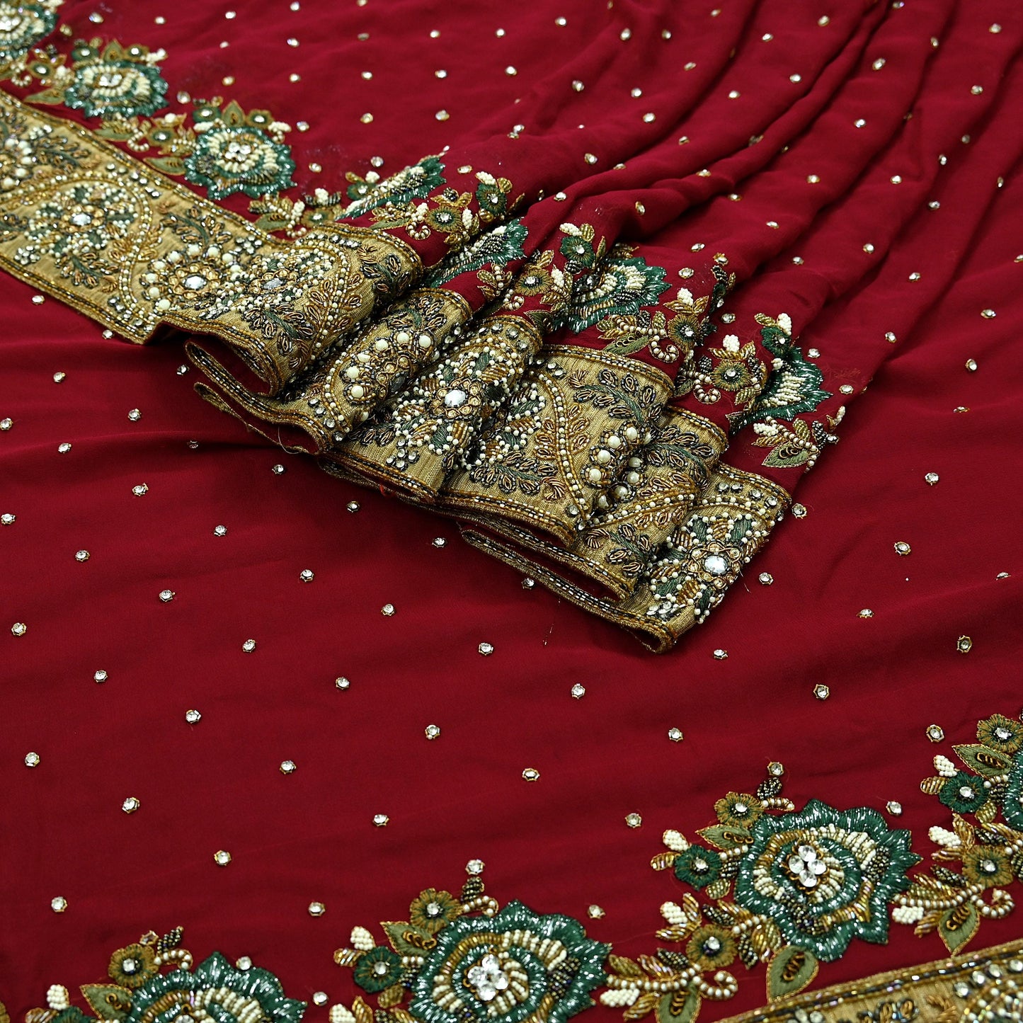 Indian Pre-owned Sari Red Pure Georgette Silk Hand Embroidered Anamika Khanna Designer Sarees Ethnic 6Yd Sewing  Zardozi Wedding Sarees
