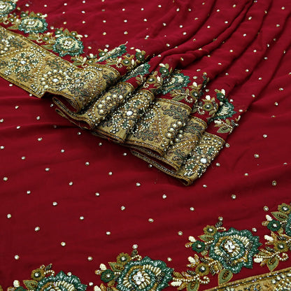 Indian Pre-owned Sari Red Pure Georgette Silk Hand Embroidered Anamika Khanna Designer Sarees Ethnic 6Yd Sewing  Zardozi Wedding Sarees
