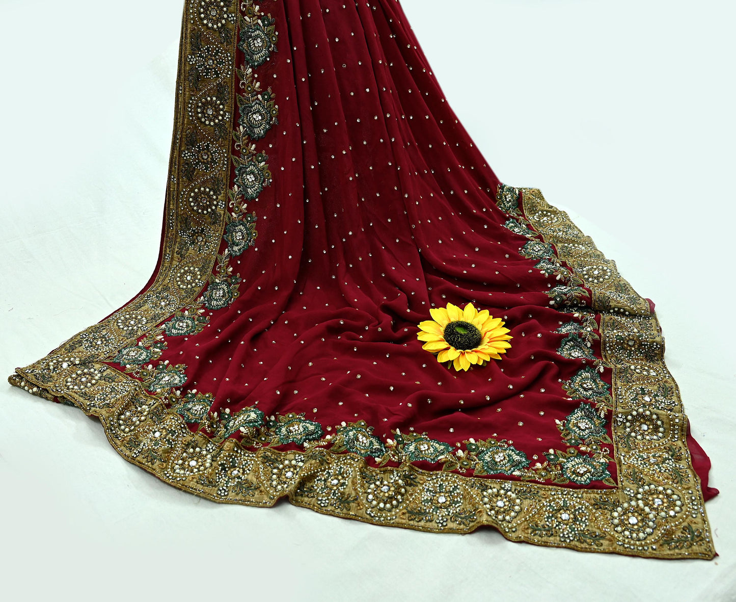 Indian Pre-owned Sari Red Pure Georgette Silk Hand Embroidered Anamika Khanna Designer Sarees Ethnic 6Yd Sewing  Zardozi Wedding Sarees