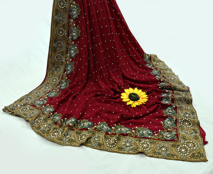 Indian Pre-owned Sari Red Pure Georgette Silk Hand Embroidered Anamika Khanna Designer Sarees Ethnic 6Yd Sewing  Zardozi Wedding Sarees