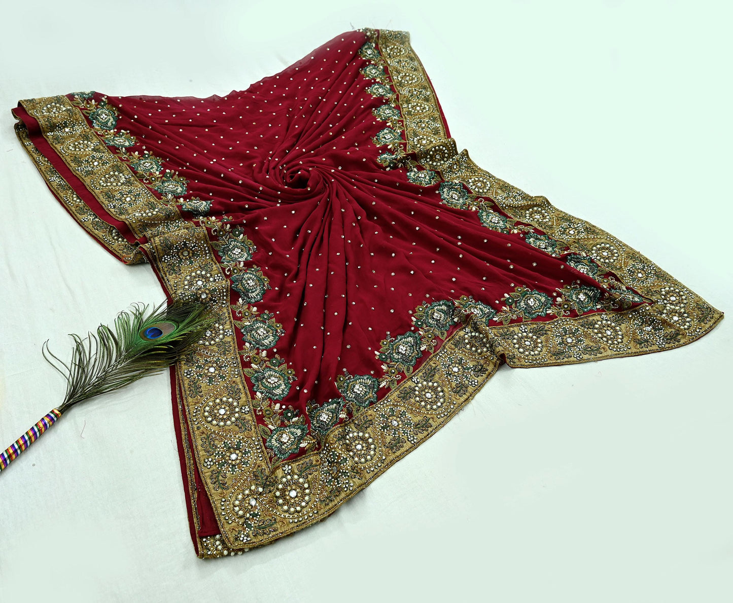 Indian Pre-owned Sari Red Pure Georgette Silk Hand Embroidered Anamika Khanna Designer Sarees Ethnic 6Yd Sewing  Zardozi Wedding Sarees