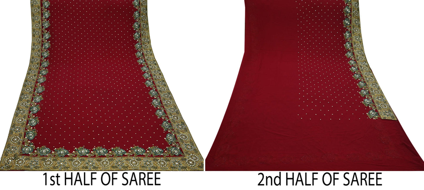 Indian Pre-owned Sari Red Pure Georgette Silk Hand Embroidered Anamika Khanna Designer Sarees Ethnic 6Yd Sewing  Zardozi Wedding Sarees