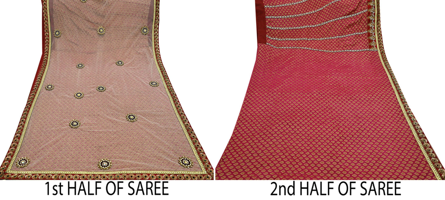 Indian New Sari White & Pink Net/Mesh Hand Embroidered Designer Sabyasachi Lehenga Sarees 5yd Ethnic Zardozi/Dabka Zari With Blouse Fabric