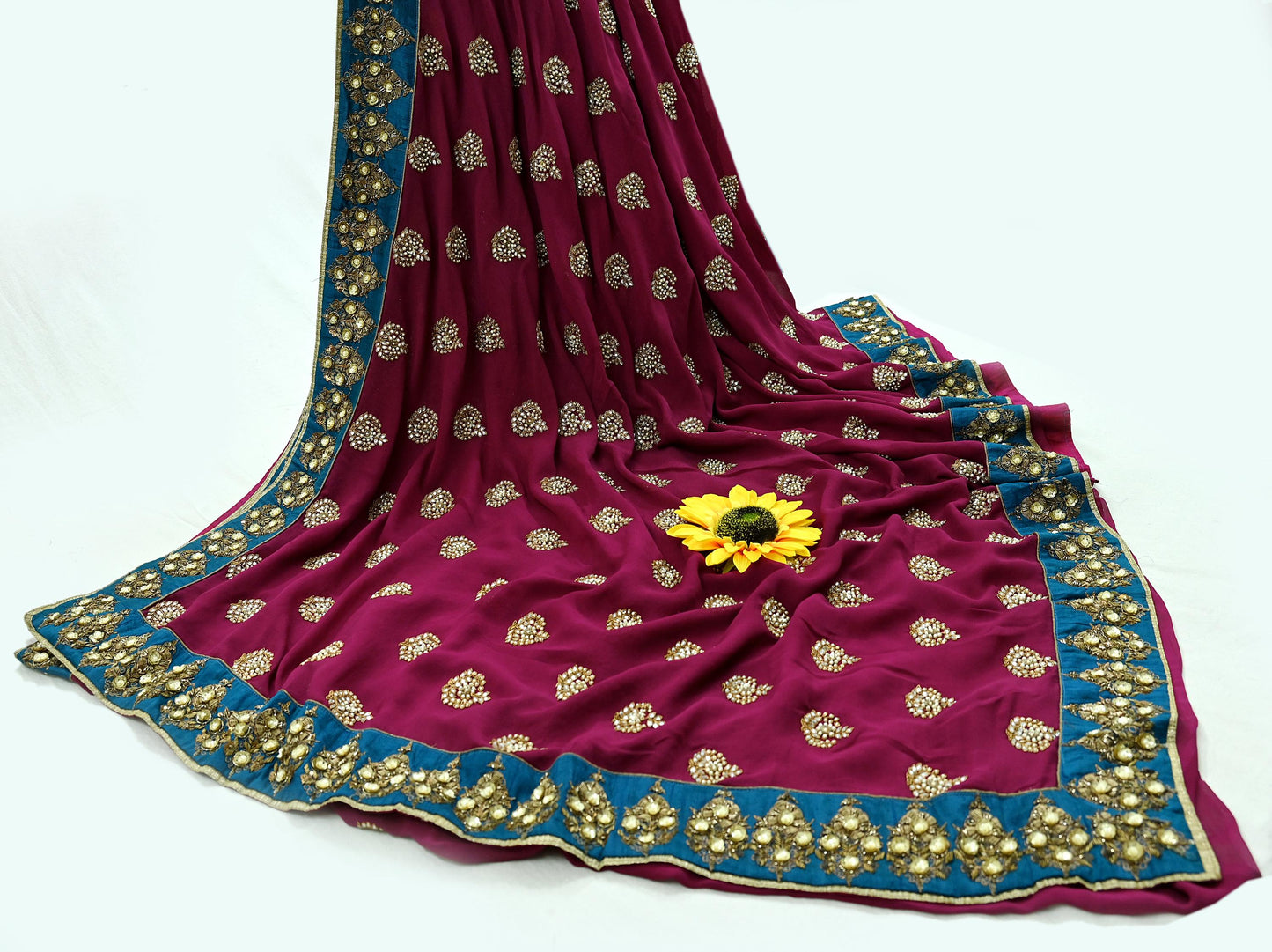 Indian Heavy Sari Maroon Pure Georgette Silk Hand Embroidered Sarees Designer Sabyasachi 6Yd Sewing Ethnic Sarees With Blouse Fabric