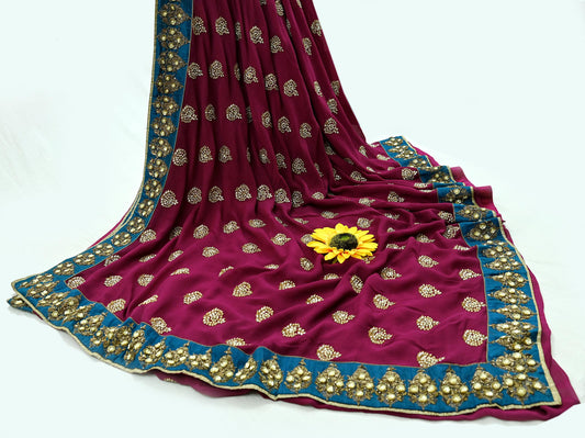 Indian Heavy Sari Maroon Pure Georgette Silk Hand Embroidered Sarees Designer Sabyasachi 6Yd Sewing Ethnic Sarees With Blouse Fabric