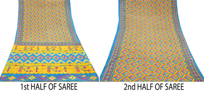 Indian Vintage Sari Blue & Yellow Printed 100% Pure Cotton Saree Craft Fabric 5Yd Soft Sewing Sarong Wrap Boho Dress making Quilting Upcycle