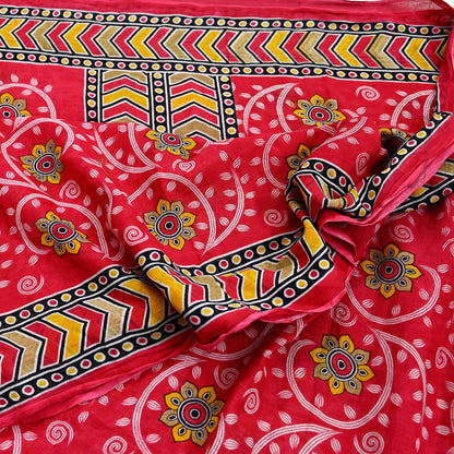 Indian Vintage Sari Red Printed 100% Pure Cotton Saree Craft Fabric 5Yd Sewing Sarong Wrap Boho Floral Soft Quilting Upcycle