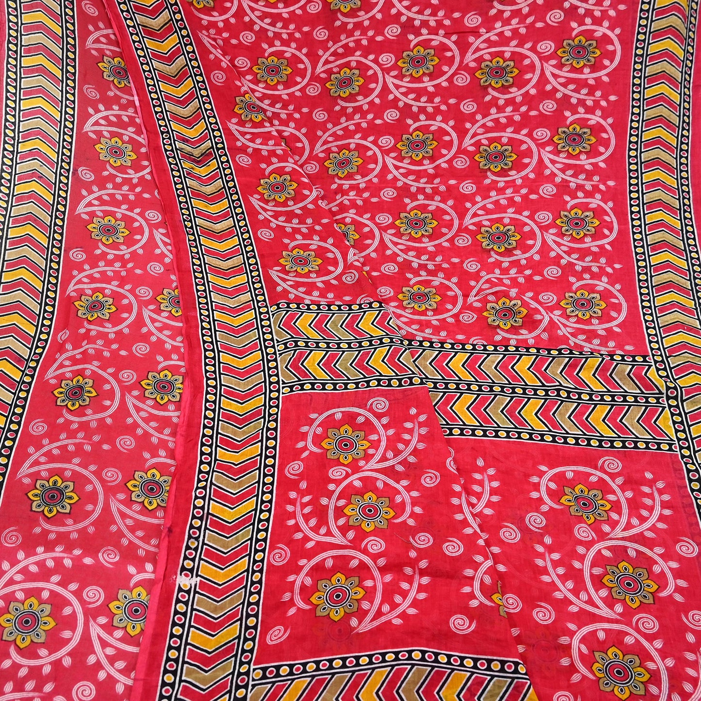 Indian Vintage Sari Red Printed 100% Pure Cotton Saree Craft Fabric 5Yd Sewing Sarong Wrap Boho Floral Soft Quilting Upcycle