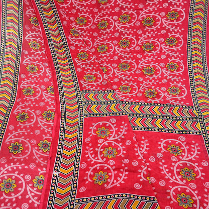 Indian Vintage Sari Red Printed 100% Pure Cotton Saree Craft Fabric 5Yd Sewing Sarong Wrap Boho Floral Soft Quilting Upcycle