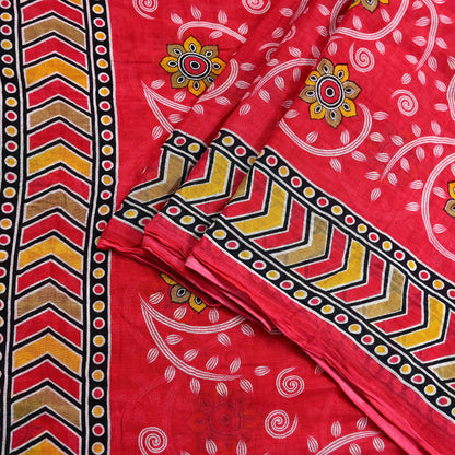 Indian Vintage Sari Red Printed 100% Pure Cotton Saree Craft Fabric 5Yd Sewing Sarong Wrap Boho Floral Soft Quilting Upcycle