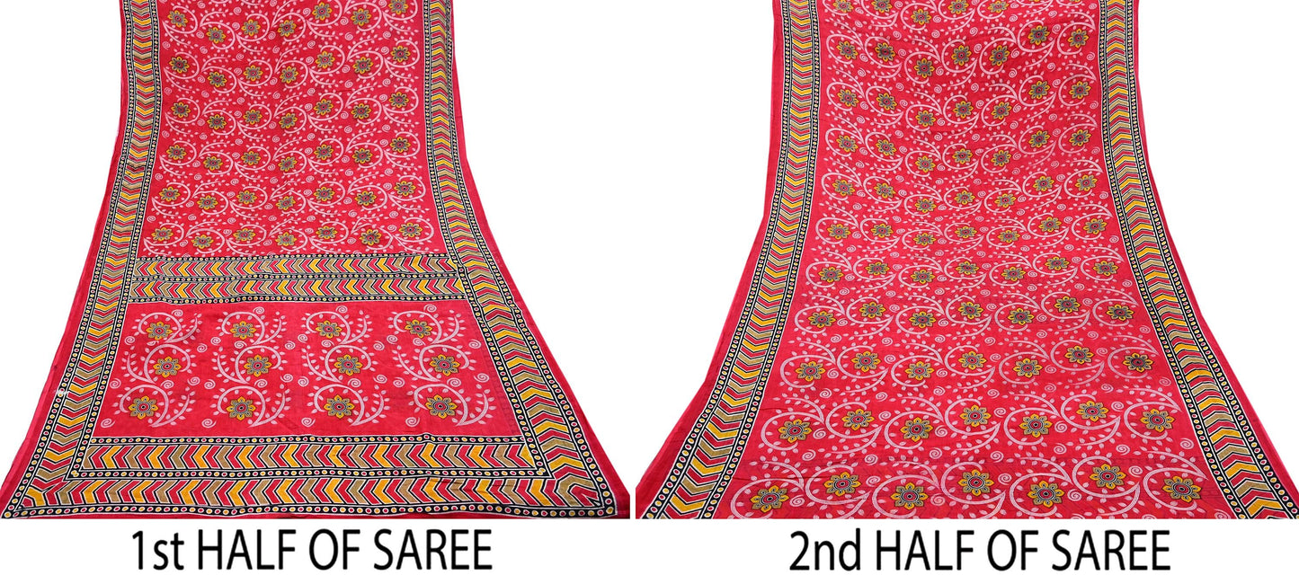 Indian Vintage Sari Red Printed 100% Pure Cotton Saree Craft Fabric 5Yd Sewing Sarong Wrap Boho Floral Soft Quilting Upcycle