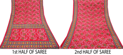 Indian Vintage Sari Red Printed 100% Pure Cotton Saree Craft Fabric 5Yd Sewing Sarong Wrap Boho Floral Soft Quilting Upcycle