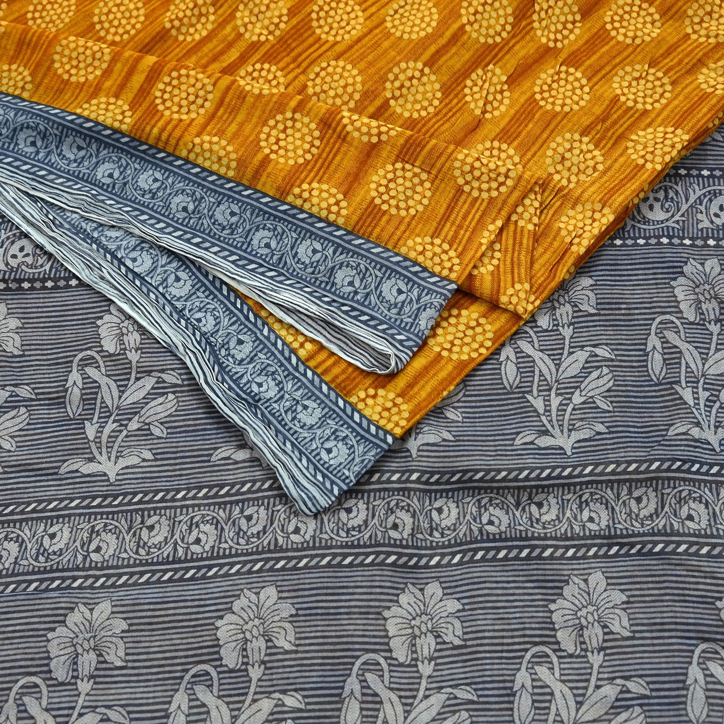 Indian Vintage Gray & Mustard Saree Printed Pure Cotton Sari Craft Fabric 5Yd Soft Sewing Sarong Wrap Boho Floral Dress making Crafting