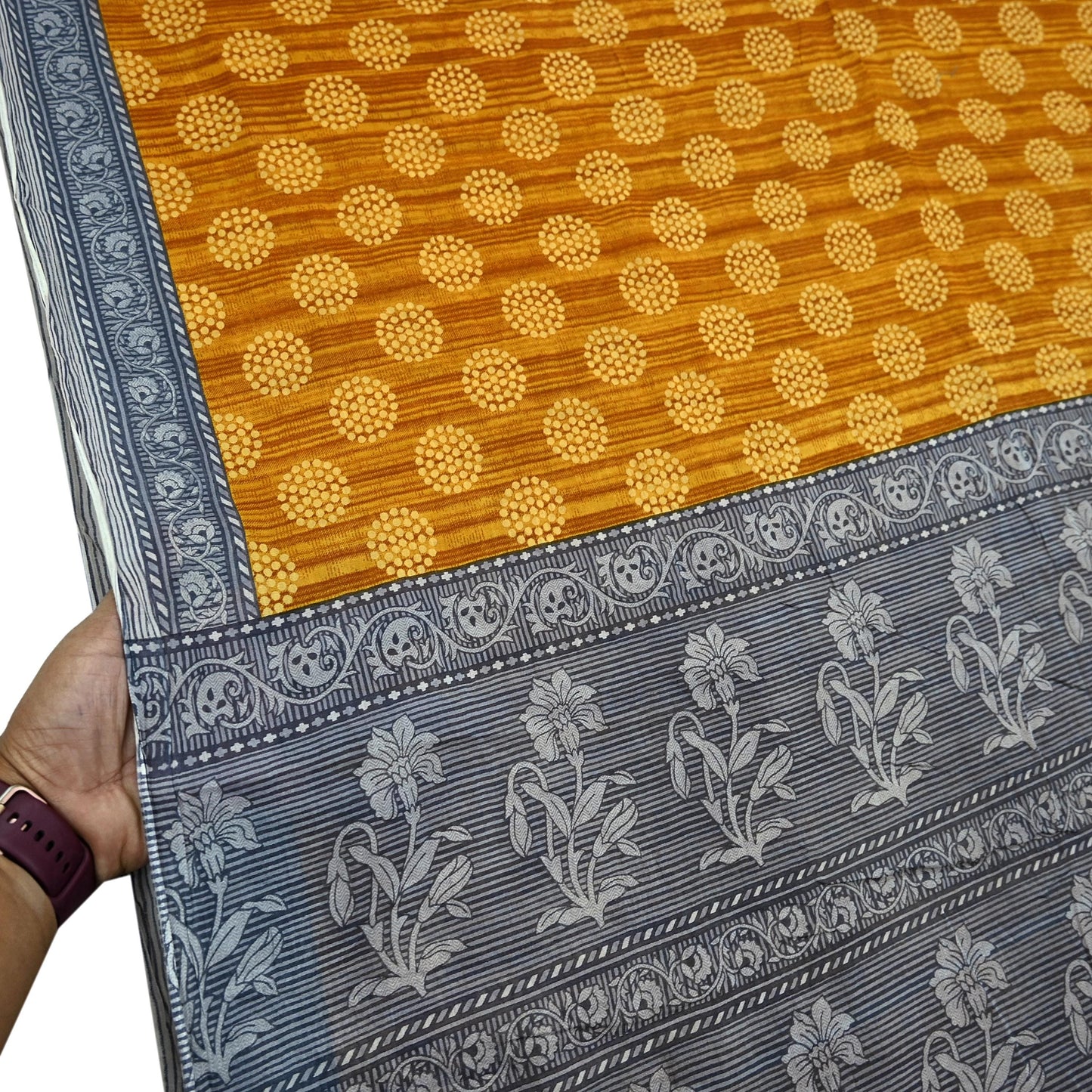 Indian Vintage Gray & Mustard Saree Printed Pure Cotton Sari Craft Fabric 5Yd Soft Sewing Sarong Wrap Boho Floral Dress making Crafting