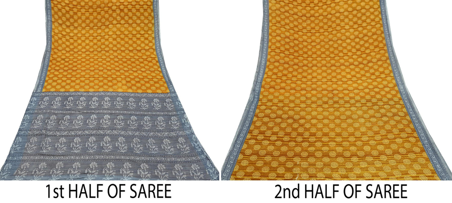Indian Vintage Gray & Mustard Saree Printed Pure Cotton Sari Craft Fabric 5Yd Soft Sewing Sarong Wrap Boho Floral Dress making Crafting