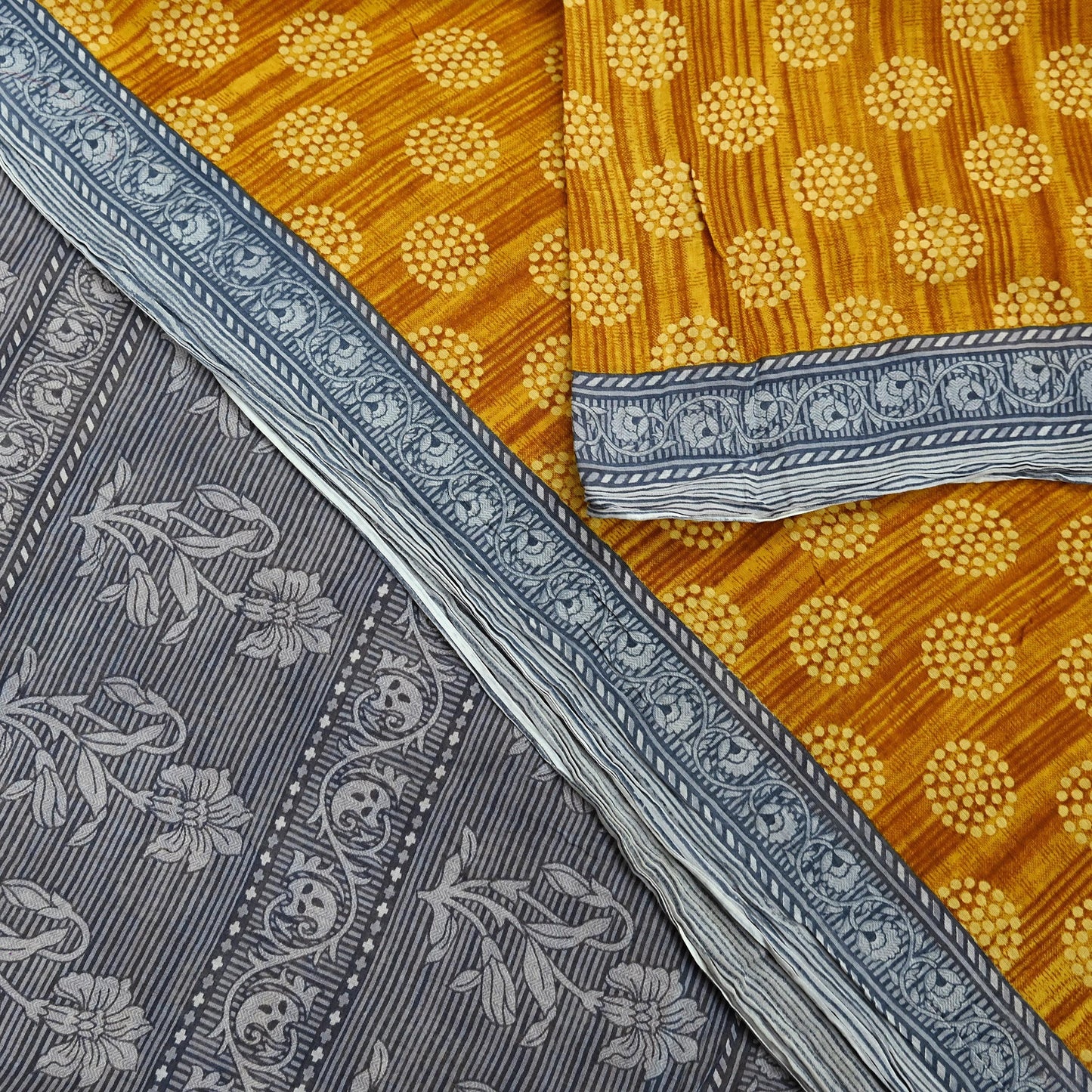 Indian Vintage Gray & Mustard Saree Printed Pure Cotton Sari Craft Fabric 5Yd Soft Sewing Sarong Wrap Boho Floral Dress making Crafting