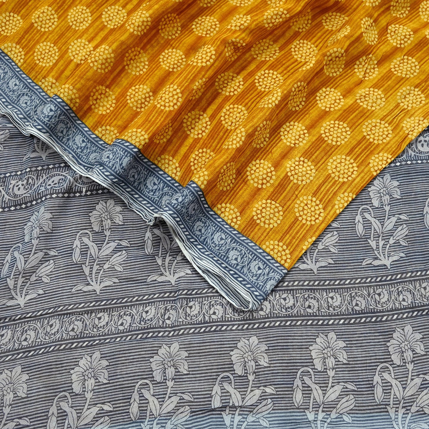 Indian Vintage Gray & Mustard Saree Printed Pure Cotton Sari Craft Fabric 5Yd Soft Sewing Sarong Wrap Boho Floral Dress making Crafting