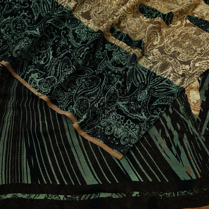 Indian Women Vintage Sari Black & Brown 100% Pure Georgette Silk Printed Saree Sewing 5yd Soft Craft Fabric Dress Making Dress Designing