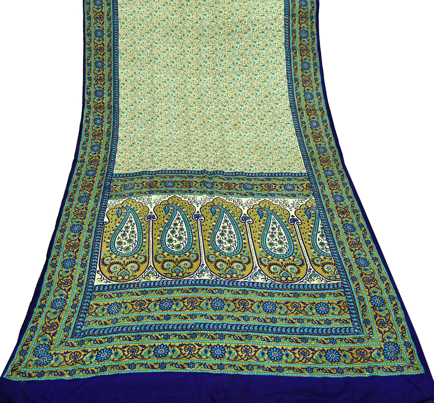 Indian Vintage Sari Ivory & Blue Printed 100% Pure Satin Silk Sarees 5yd Sewing Craft Fabric Dress Making Wrap Upcycle Quilting Crafting
