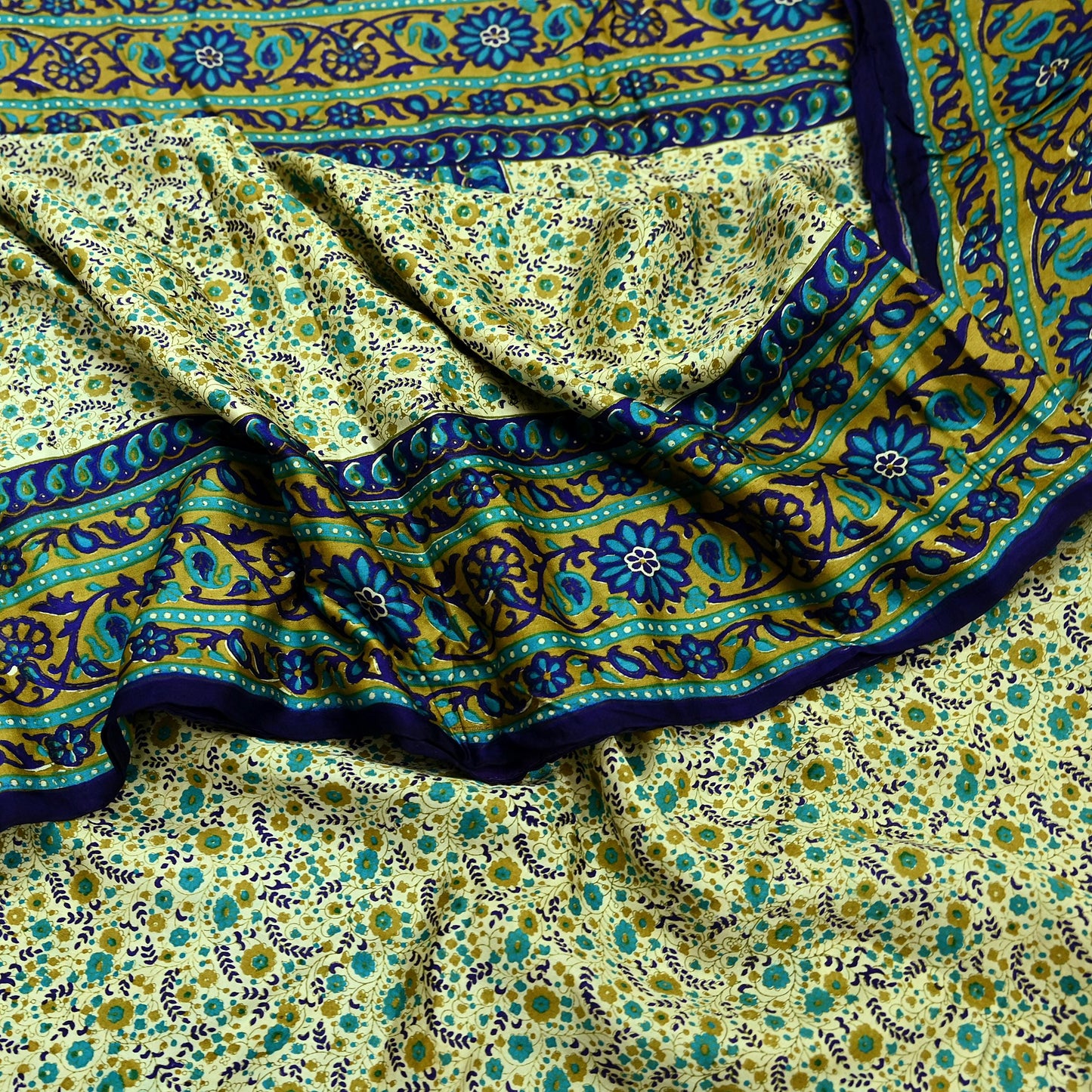 Indian Vintage Sari Ivory & Blue Printed 100% Pure Satin Silk Sarees 5yd Sewing Craft Fabric Dress Making Wrap Upcycle Quilting Crafting