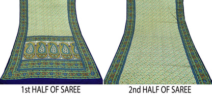 Indian Vintage Sari Ivory & Blue Printed 100% Pure Satin Silk Sarees 5yd Sewing Craft Fabric Dress Making Wrap Upcycle Quilting Crafting