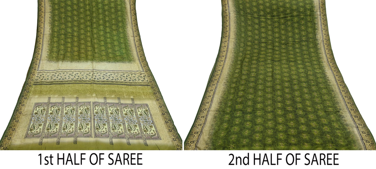 Indian Vintage Sari Green Pure Silk Printed Sarees 5yd Sewing Craft Fabric Dress Making  Soft Floral Wrap Upcycle Used Quilting Crafting