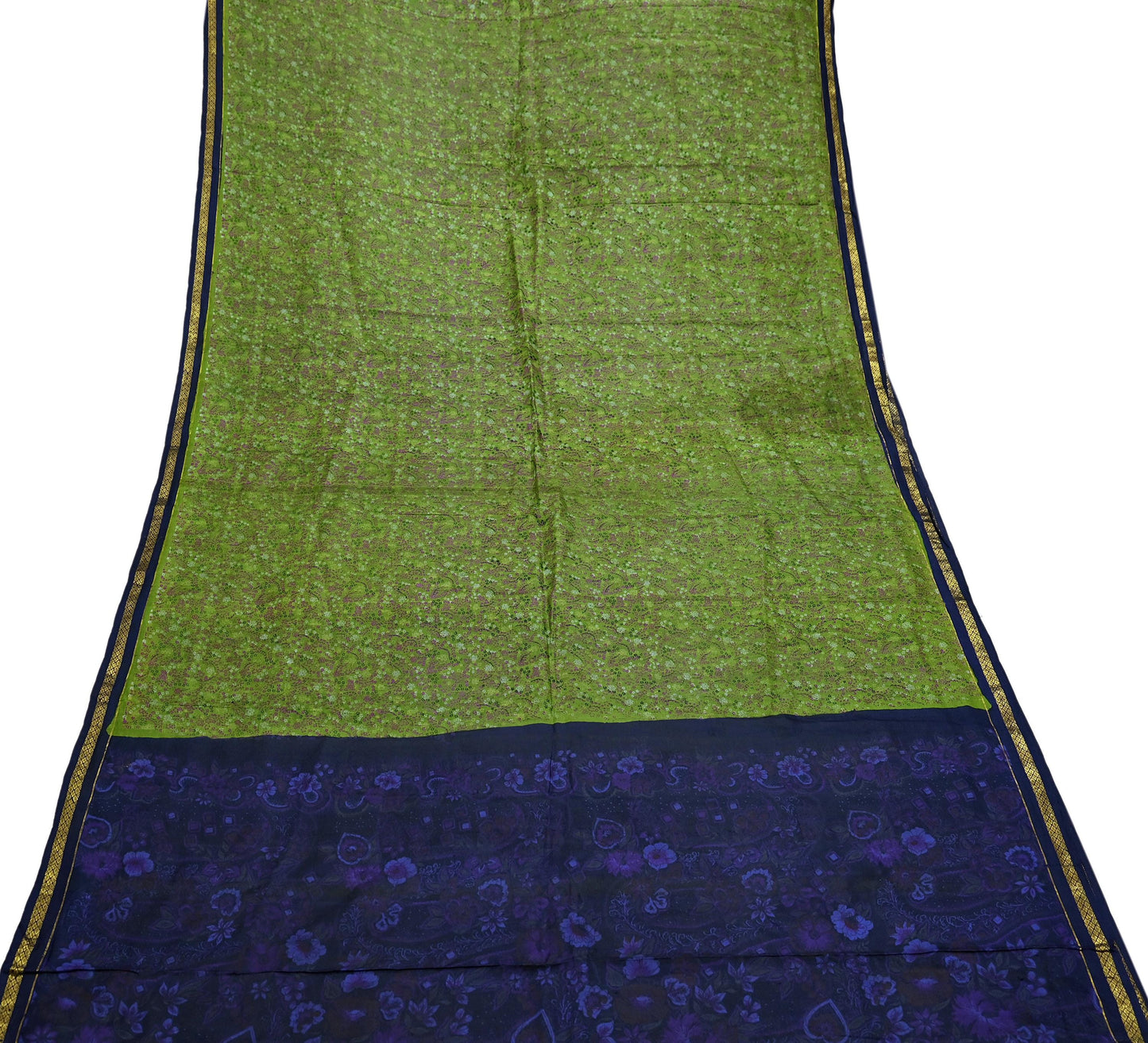 Indian Vintage Sari Green & Blue 100% Pure Silk Printed Sarees 5yd Sewing Craft Fabric Dress Making Soft Woven Zari Border Upcycle Quilting