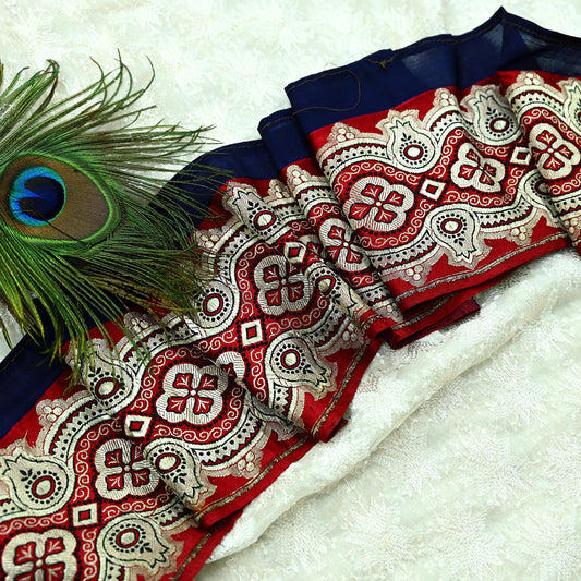 Antique Vintage Red & Blue Sari Border Woven Banarasi 1yd Trim Craft Sewing Recycled Sari Border Zari Pure Silk Home Decor Crafting