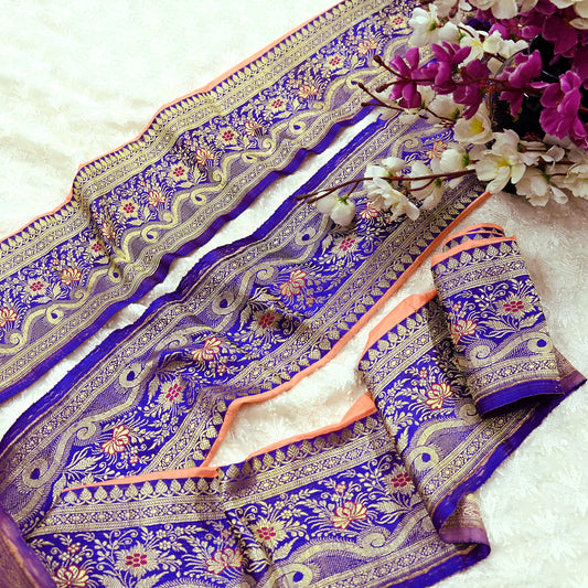 Indian Vintage Purple & Peach Sari Border Woven Banarasi 1yd Trim Craft Sewing Recycled Sari Border Zari Pure Silk Home Decor Crafting