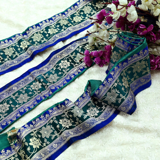 Indian Vintage Blue & Green Sari Border Woven Banarasi 1yd Trim Craft Sewing Recycled Sari Border Zari Pure Silk Home Decor Crafting