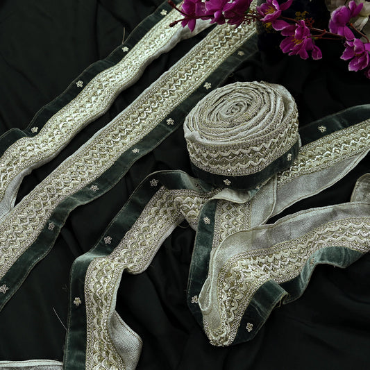 Indian Vintage Silver Sari Border Hand Embroidered 1yd Craft Trim Lace Sewing Tissue Ribbon Recycled Sari Border Zardozi/ Dabka Zari