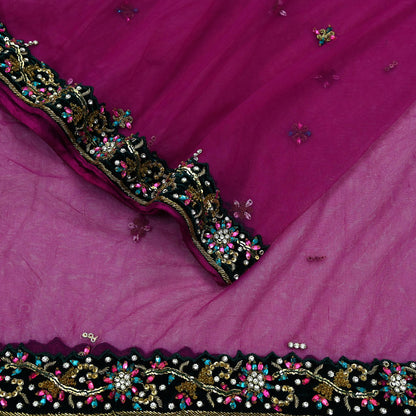 Indian Vintage Heavy Wedding Purple Dupatta Net Mesh Long Stole Hand Embroidered Scarves Golden Zardozi Dabka Zari Bridal Veil Hijab