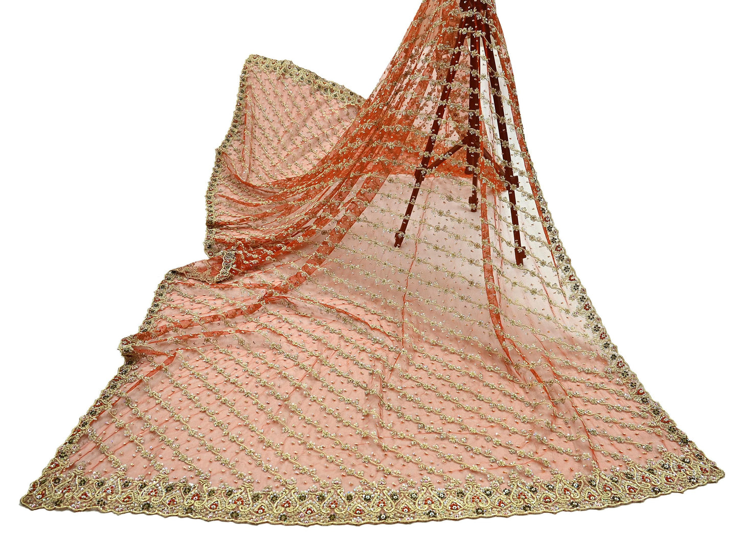 Indian Vintage Bridal Heavy Orange Dupatta Net Mesh Long Stole Hand Embroidered Scarves Golden Zardozi Dabka Zari Sequins Wedding Veil
