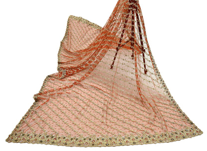 Indian Vintage Bridal Heavy Orange Dupatta Net Mesh Long Stole Hand Embroidered Scarves Golden Zardozi Dabka Zari Sequins Wedding Veil