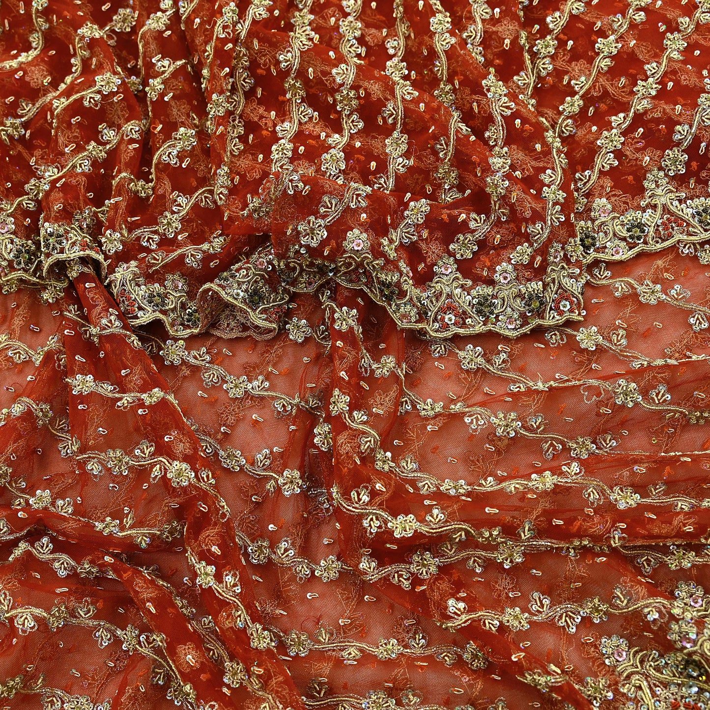 Indian Vintage Bridal Heavy Orange Dupatta Net Mesh Long Stole Hand Embroidered Scarves Golden Zardozi Dabka Zari Sequins Wedding Veil
