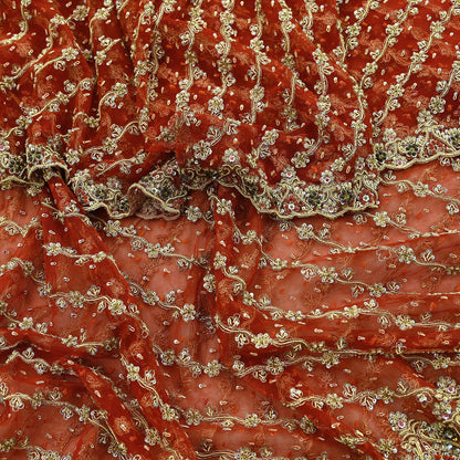Indian Vintage Bridal Heavy Orange Dupatta Net Mesh Long Stole Hand Embroidered Scarves Golden Zardozi Dabka Zari Sequins Wedding Veil