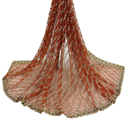 Indian Vintage Bridal Heavy Orange Dupatta Net Mesh Long Stole Hand Embroidered Scarves Golden Zardozi Dabka Zari Sequins Wedding Veil