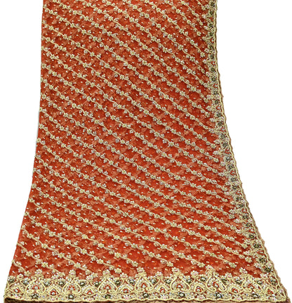 Indian Vintage Bridal Heavy Orange Dupatta Net Mesh Long Stole Hand Embroidered Scarves Golden Zardozi Dabka Zari Sequins Wedding Veil