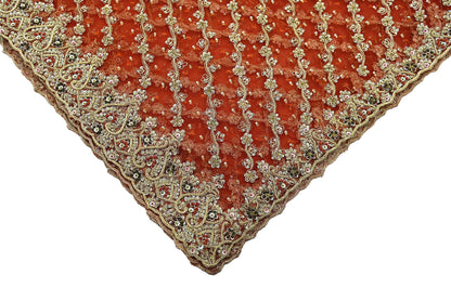 Indian Vintage Bridal Heavy Orange Dupatta Net Mesh Long Stole Hand Embroidered Scarves Golden Zardozi Dabka Zari Sequins Wedding Veil