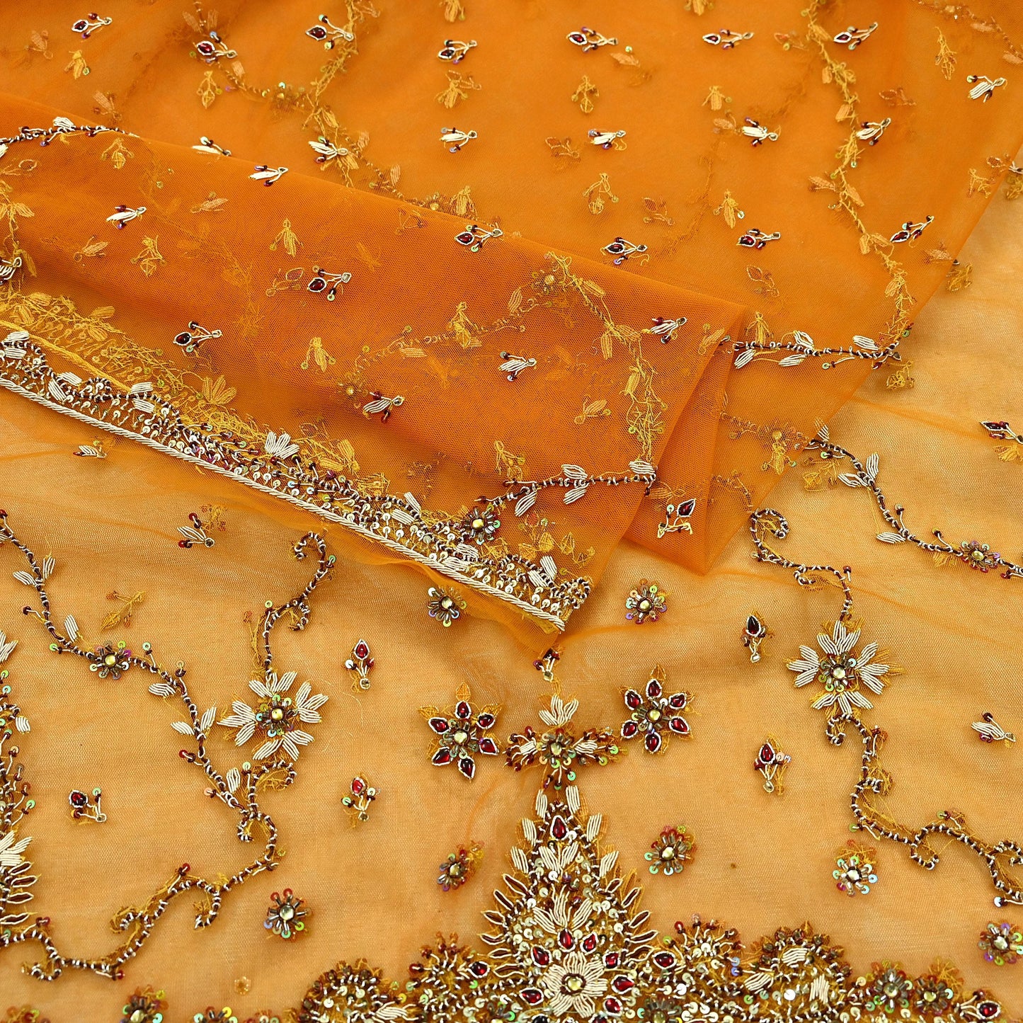 Indian Vintage Heavy Bridal Dupatta Saffron Net Mesh Long Stole Hand Embroidered Scarves Golden Zardozi Zari Sequins Wedding hijab