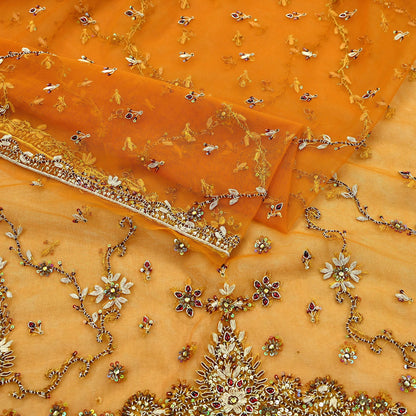 Indian Vintage Heavy Bridal Dupatta Saffron Net Mesh Long Stole Hand Embroidered Scarves Golden Zardozi Zari Sequins Wedding hijab