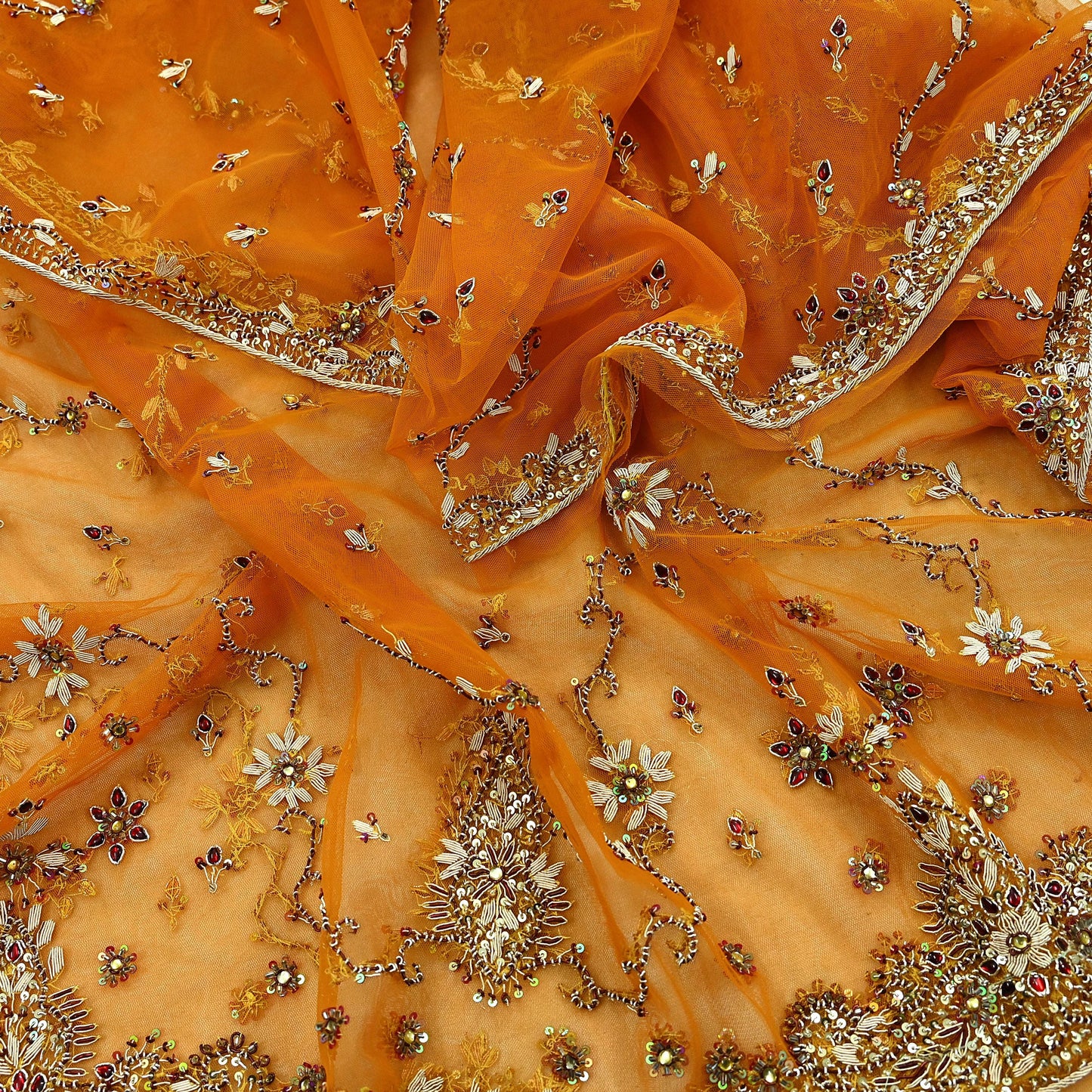 Indian Vintage Heavy Bridal Dupatta Saffron Net Mesh Long Stole Hand Embroidered Scarves Golden Zardozi Zari Sequins Wedding hijab