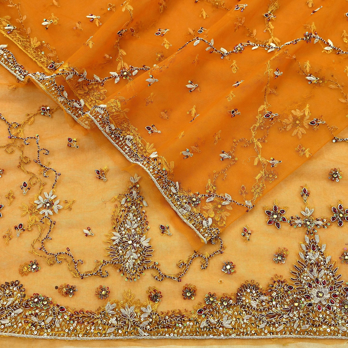 Indian Vintage Heavy Bridal Dupatta Saffron Net Mesh Long Stole Hand Embroidered Scarves Golden Zardozi Zari Sequins Wedding hijab