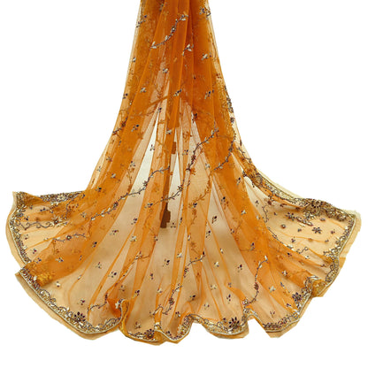 Indian Vintage Heavy Bridal Dupatta Saffron Net Mesh Long Stole Hand Embroidered Scarves Golden Zardozi Zari Sequins Wedding hijab