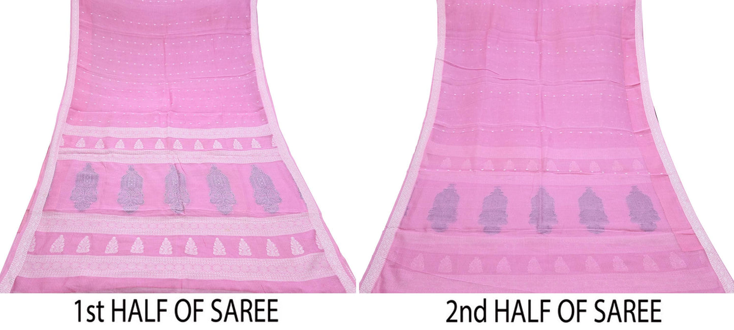 Indian Vintage Sari Baby Pink Pure Cotton Hand Woven Sarees Craft Fabric 5yd Ethnic Crafting Quilting Dress Making Quilting Upcycle