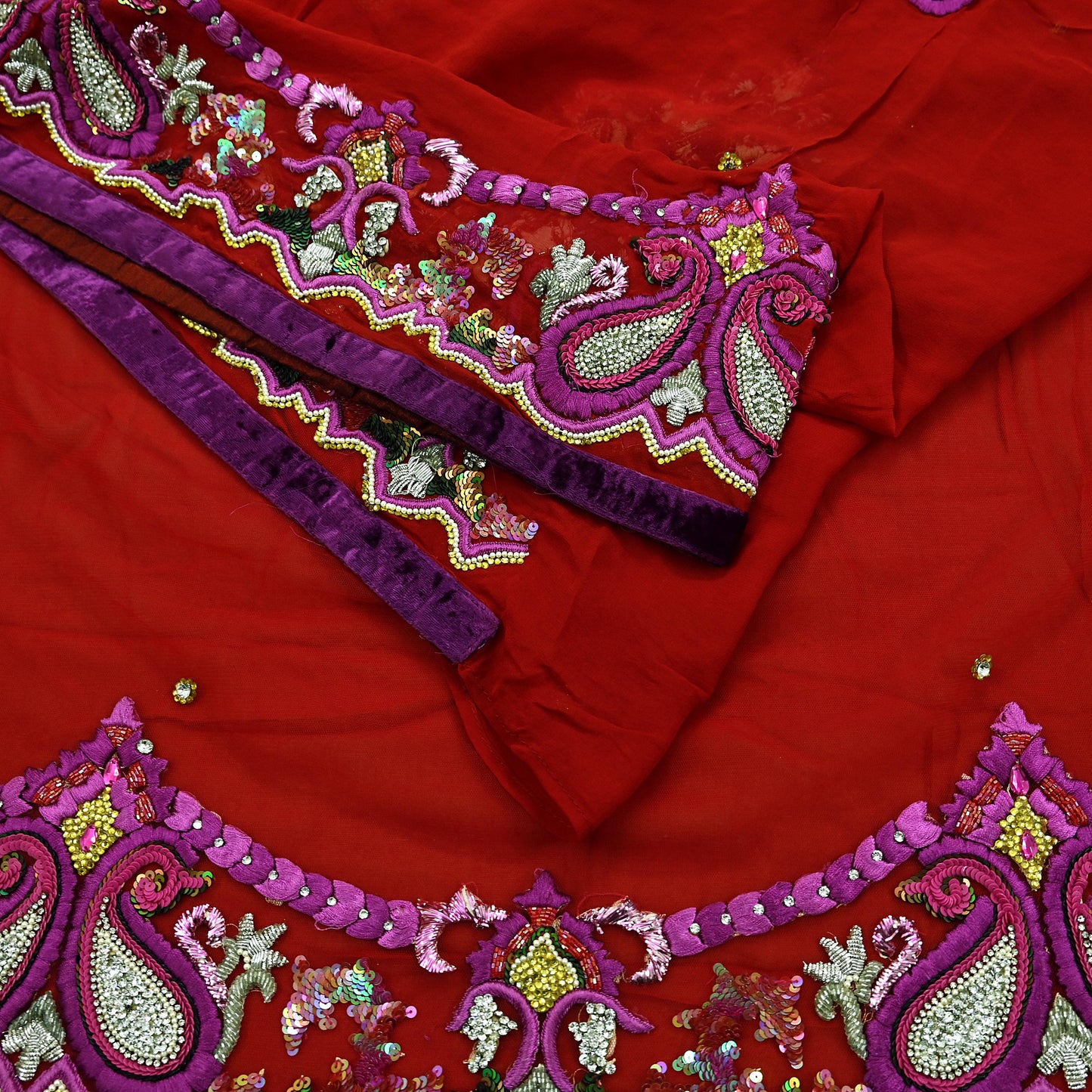 Indian Vintage Heavy Sari Red Net/Georgette Silk Hand Embroidered Sarees Craft Fabric 6Yd Sewing Soft Wedding sarees With Blouse fabric
