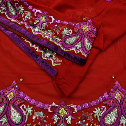 Indian Vintage Heavy Sari Red Net/Georgette Silk Hand Embroidered Sarees Craft Fabric 6Yd Sewing Soft Wedding sarees With Blouse fabric